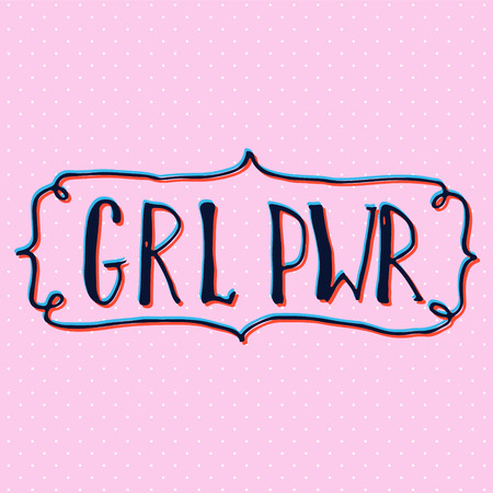 Girl power quote. Grl pwr hand drawn lettering. Womens right slogan. Female, feminism symbols. Vector illustration. Can be used as print for poster, t shirt, postcard.のイラスト素材
