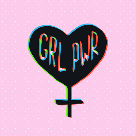 Girl slogan with 3d stereo effect. Hand drawn lettering. Womens right. Female, feminism symbols. Vector illustration. Can be used as print for poster, t shirt, postcard.のイラスト素材