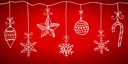 Doodle Christmas design elements. Cute hand drawn garland. Merry Christmas and New Year symbols, lettering. Vector illustrationのイラスト素材