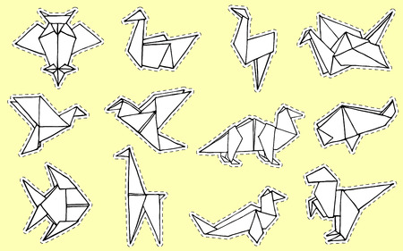 Origami animals collection. Hand drawn origami doodle set. Can be use like a logo, icon or sticker. Minimalistic vector illustrationのイラスト素材