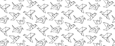 Seamless Pattern with Hand Drawn Origami birds - crane, swan, colibri and dove. Cartoon kids Ornament. Cute doodle vector illustration.のイラスト素材