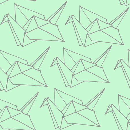 Seamless Pattern with Hand Drawn Origami cranes. Cartoon Ornament. Cute doodle vector kids illustration.のイラスト素材