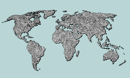 Best doodle world map for your design. Hand drawn freehand editable sketch. Planet Earth simple graphic style. Vector line illustration, EPS 10のイラスト素材