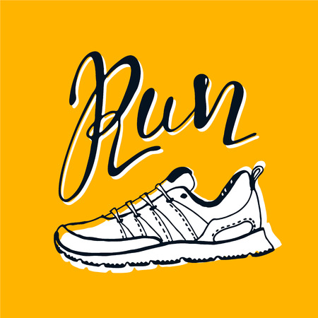 Run lettering. Running typography. Sport motivation quote. Motivational poster for gym, phrase for t-shirt, print, banner, flyer, postcard. Fitness motivation quote. Vector illustrationのイラスト素材