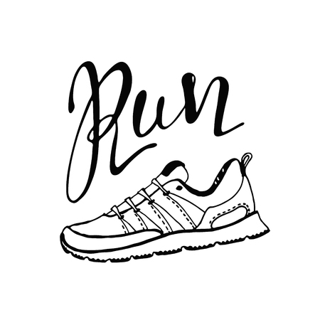 Run lettering. Running typography. Sport motivation quote. Motivational poster for gym, phrase for t-shirt, print, banner, flyer, postcard. Fitness motivation quote. Vector illustrationのイラスト素材