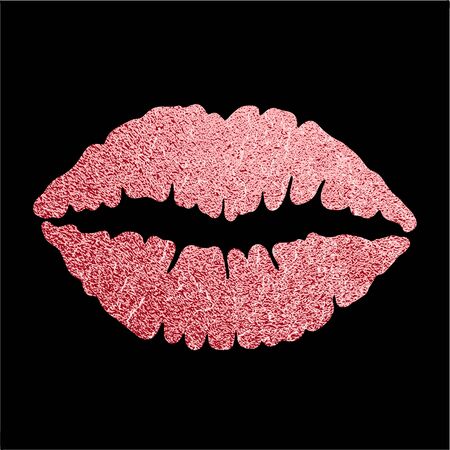 Rose gold luxury lips. Pink Lip icon with glitter shiny effect, lipstick kiss isolated on black background. Vector illustration.のイラスト素材