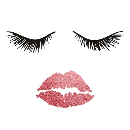 Eyelashes and lips. Beauty woman face with pink shiny lips. Luxury Make up concept. Design for Beauty Logo, icon for salon, poster, pillow, typography. Vector illustrationのイラスト素材