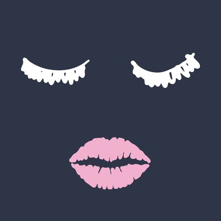 Eyelashes and lips. Beauty woman face with pink lips. Make up concept. Design for Beauty Logo, icon for salon, poster, pillow, typography. Vector illustrationのイラスト素材