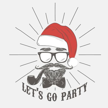Santa hipster with glasses with beard, mustache and smoking pipe. Vector illustration. New Year hipster man.のイラスト素材