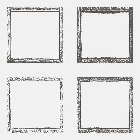 Set with four grunge border texture in black and white. Textured background, frame. Vector template.