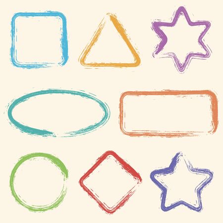 Set frames isolated. Vector Frames for your Design. Distress Border Frame Collection . Set of Vector Colorful Frame Borders. Geometric Shapes.のイラスト素材