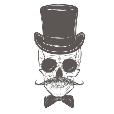 Gentleman skull with mustache, bow tie, top hat and smoking pipe. Skull print, skull illustration isolated on white background. Vector modeのイラスト素材