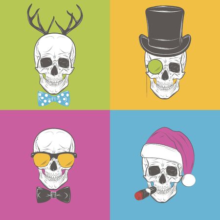 Set with four funny skulls with mustache, bow tie, top hat, cigar, santa hat. Skull print, skull illustration isolated on colorful background. Vector modeのイラスト素材