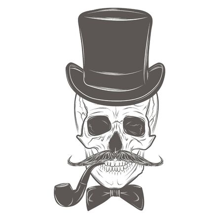 Gentleman skull with mustache, bow tie, top hat and smoking pipe. Skull print, skull illustration isolated on white background. Vector modeのイラスト素材
