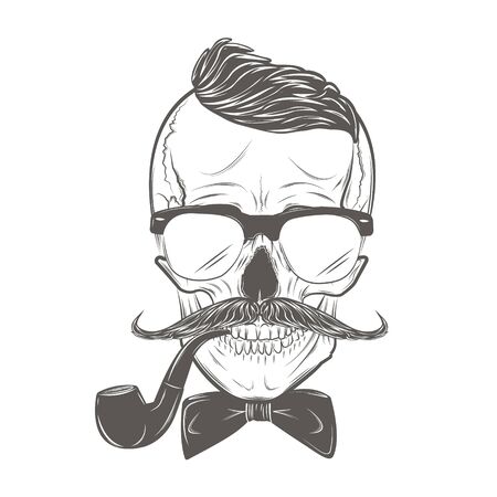 Hipster skull with mustache, bow tie and smoking pipe. Skull print, skull illustration isolated on white background. Vector modeのイラスト素材