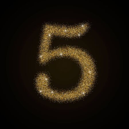 Golden metallic shiny numbers. Gold glittering metal alphabet numbers. Five.のイラスト素材