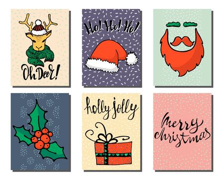 Doodle Christmas cards Set. Cute hand drawn winter design elements for poster, banner or invitation. New Year symbols. Vector illustrationのイラスト素材