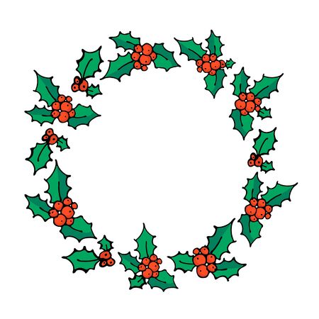 Christmas wreath. Doodle Holly branch with red berries. Winter holiday symbol, traditional New Year decoration. Design for poster, banner or invitation cards. Vector illustrationのイラスト素材