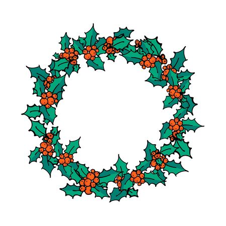 Christmas wreath. Doodle Holly branch with red berries. Winter holiday symbol, traditional New Year decoration. Design for poster, banner or invitation cards. Vector illustrationのイラスト素材