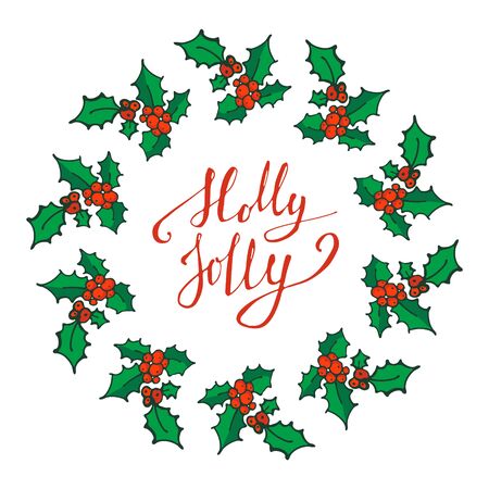 Christmas wreath. Doodle Holly branch with red berries. Winter holiday symbol, traditional New Year decoration. Design for poster, banner or invitation cards. Vector illustrationのイラスト素材