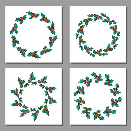 Christmas wreath set. Doodle Holly branch border. Winter holiday symbol, traditional New Year decoration. Design for poster, banner or invitation cards. Vector illustrationのイラスト素材