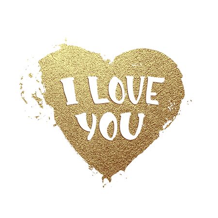 Gold shiny heart. Greeting card for Valentine day with hand drawn lettering I love you. Isolated on white background. Vector illustrationのイラスト素材