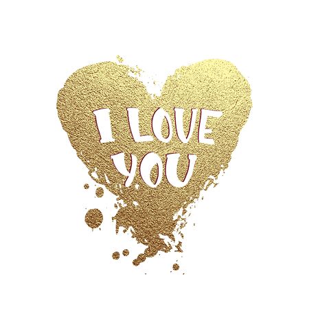 Gold shiny heart. Greeting card for Valentine day with hand drawn lettering I love you. Isolated on white background. Vector illustrationのイラスト素材