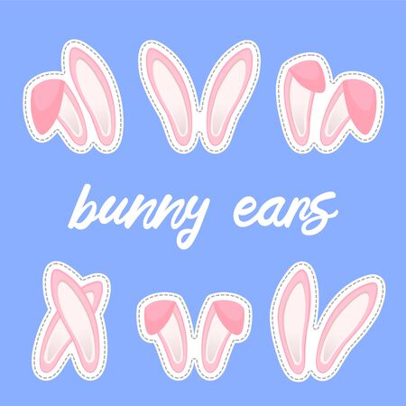 Easter bunny ears stickers collection. Set of masks Rabbit pink ear isolated on background. Vector illustrationのイラスト素材