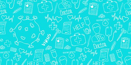 Medical background with virus icon. Medicine seamless doodle pattern. Hand drawn health care, pharmacy, chemical cartoon header. Vector illustrations.のイラスト素材
