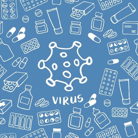 Medicine seamless doodle pattern with virus or bacteria icon. Hand drawn Health care, pharmacy, medical cartoon background. Vector illustrations.のイラスト素材