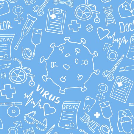 Medicine seamless doodle pattern with virus or bacteria icon. Hand drawn Health care, pharmacy, medical cartoon background. Vector illustrations.のイラスト素材