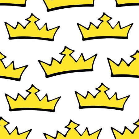 Doodle crowns seamless pattern. Hand drawn luxury background. Cute baby, little princess or royal design for childrens room, posters, celebration. Vector illustration.のイラスト素材