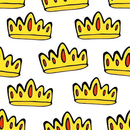 Doodle crowns seamless pattern. Hand drawn luxury background. Cute baby, little princess or royal design for childrens room, posters, celebration. Vector illustration.のイラスト素材
