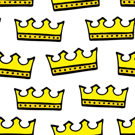 Doodle crowns seamless pattern. Hand drawn luxury background. Cute baby, little princess or royal design for childrens room, posters, celebration. Vector illustration.のイラスト素材