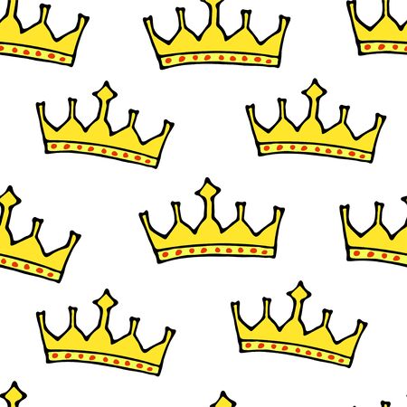 Doodle crowns seamless pattern. Hand drawn luxury background. Cute baby, little princess or royal design for childrens room, posters, celebration. Vector illustration.のイラスト素材