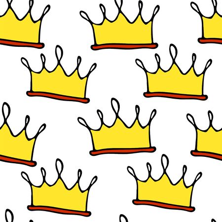 Doodle crowns seamless pattern. Hand drawn luxury background. Cute baby, little princess or royal design for childrens room, posters, celebration. Vector illustration.のイラスト素材