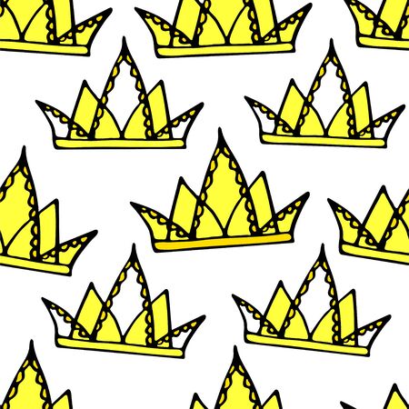Doodle crowns seamless pattern. Hand drawn luxury background. Cute baby, little princess or royal design for childrens room, posters, celebration. Vector illustration.のイラスト素材