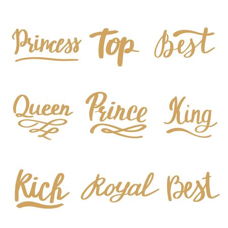 Queen, King, Royal, Princess. Luxury lettering set. Gold hand drawn retro text. Calligraphy simple inscription for t-shirt prints, phone cases, cards or posters. Vintage vector illustrationのイラスト素材
