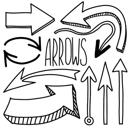 Doodle arrows icon set isolated on white. Grunge black Hand drawn arrow. Vector illustrationのイラスト素材