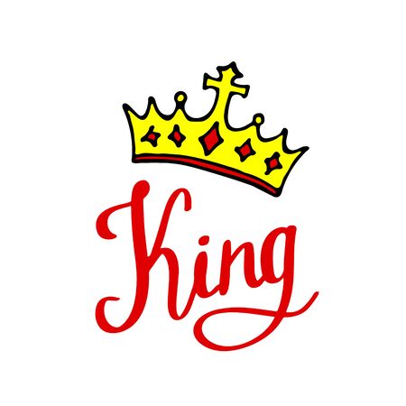 King lettering with crown in simple doodle style. Print design for t-shirt prints, phone cases or posters. Trendy inscription, handwritten slogan. Vector illustrationのイラスト素材