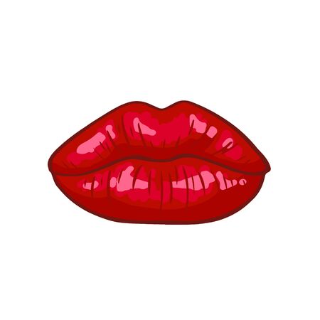 Kiss - womans lips. Hot sexy red kissed. Beautiful sticker isolated on white. Vector illustration in retro pop art or comics style. 3D effect.のイラスト素材
