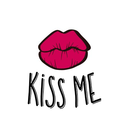 Kiss me hand lettering text with lips. Romantic background. Greeting card or poster design template. Vector illustration. Isolated on whiteのイラスト素材