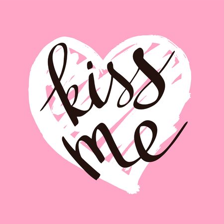 Kiss me hand lettering text with heart. Romantic background. Greeting card or poster design template. Vector illustration. Isolated on whiteのイラスト素材