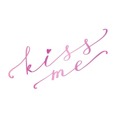 Kiss me hand lettering text. Romantic background. Greeting card or poster design template. Vector illustration. Isolated on whiteのイラスト素材