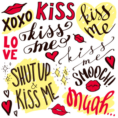 Kiss me hand drawn set. Lips, hearts and short phrases in pop art style. Vector illustrationのイラスト素材