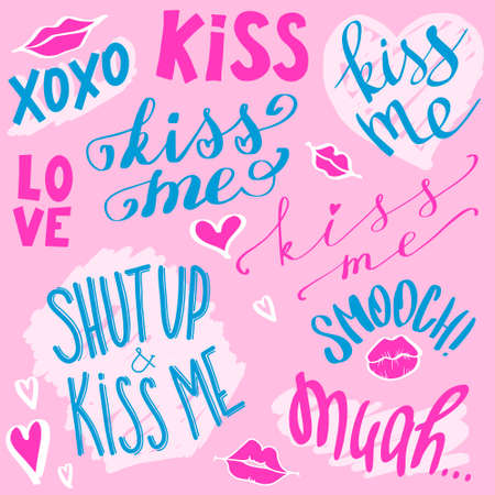 Kiss me hand drawn set. Lips, hearts and short phrases in pop art style. Vector illustrationのイラスト素材