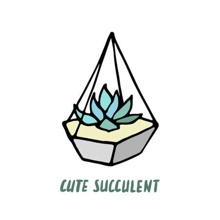 Succulent doodle print. Home plants in modern flowerpotのイラスト素材