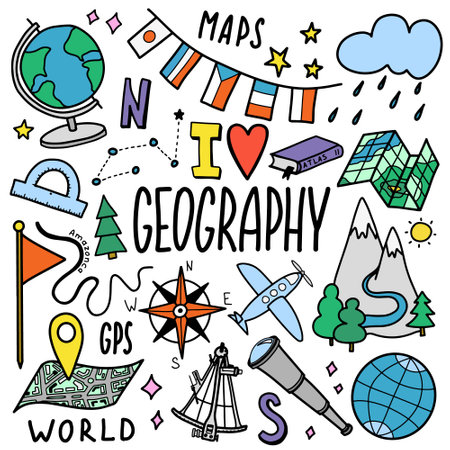 Geography and geology education subject handwriting doodle icon of earth exploration and map design sign and symbol in isolated backgroundのイラスト素材