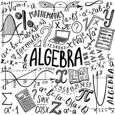 Maths symbols icon set. Algebra or mathematics subject doodle design. Education and study concept. Back to school background for notebook, not pad, sketchbook. Hand drawn illustration.のイラスト素材