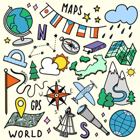 Geography and geology education subject handwriting doodle icon of earth exploration and map design sign and symbol in isolated backgroundのイラスト素材